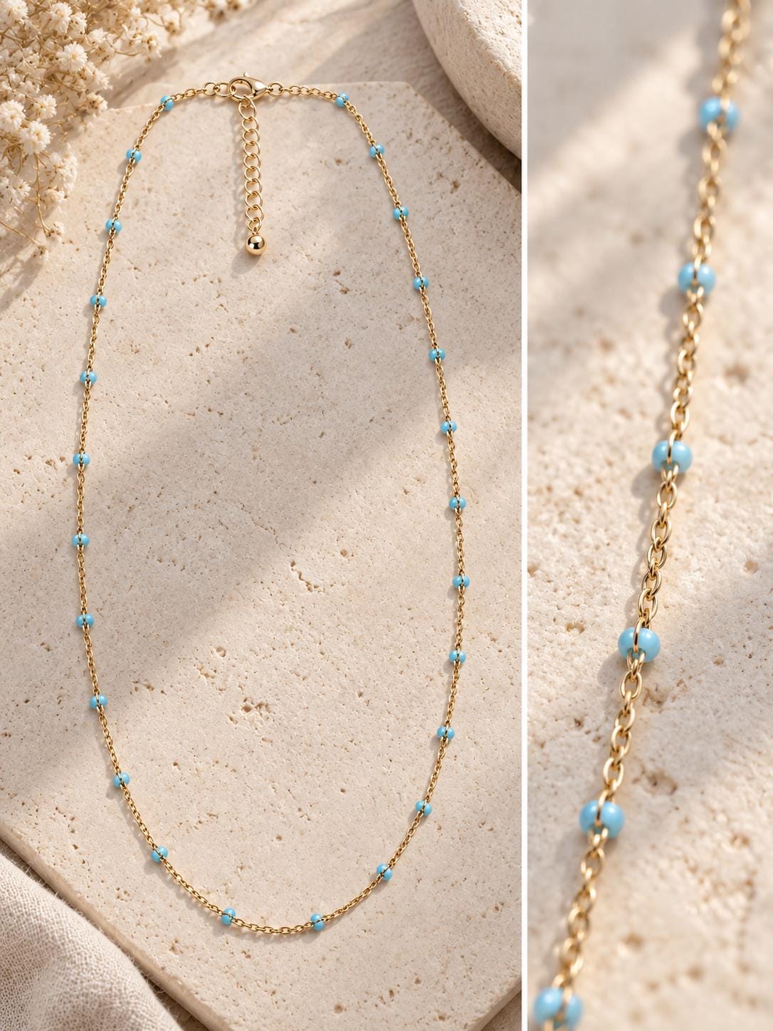 14K Gold Plated Chain with Blue Enamel Beads, 16 Inch Gold Necklace, Coastal Jewelry