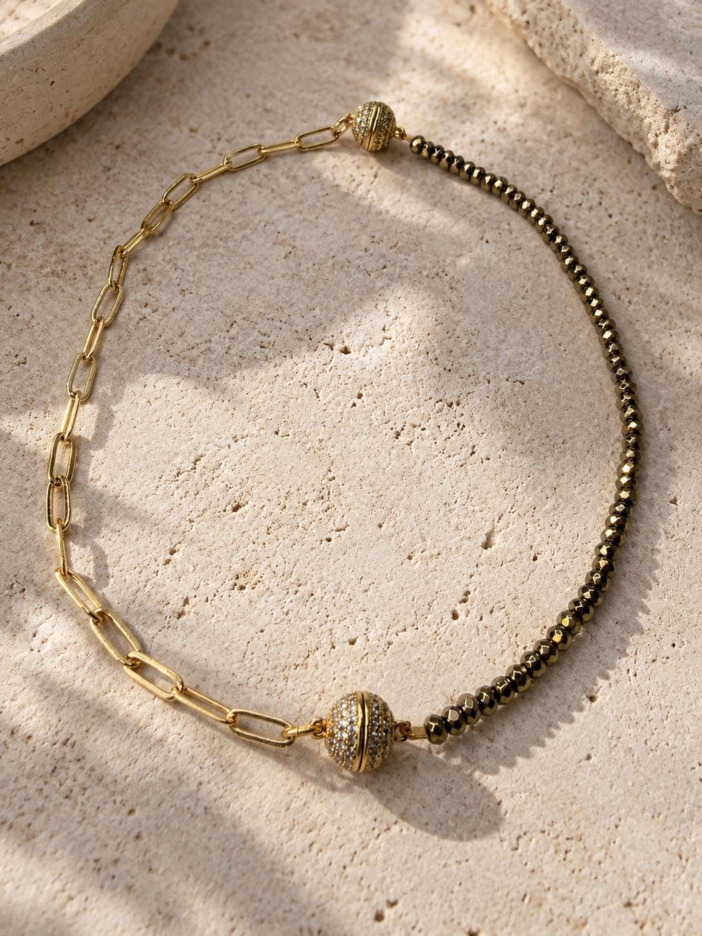 18K Gold Filled and Hematite beads Necklace, Magnetic CZ Clasp, Paperclip Chain, Two-Tone Statement Necklace