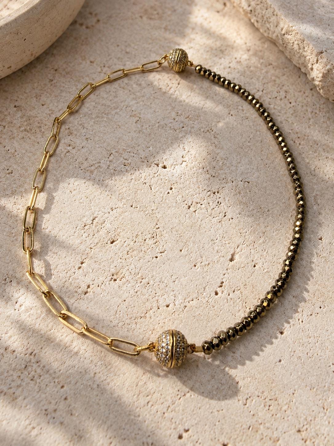18K Gold Filled and Hematite beads Necklace, Magnetic CZ Clasp, Paperclip Chain, Two-Tone Statement Necklace