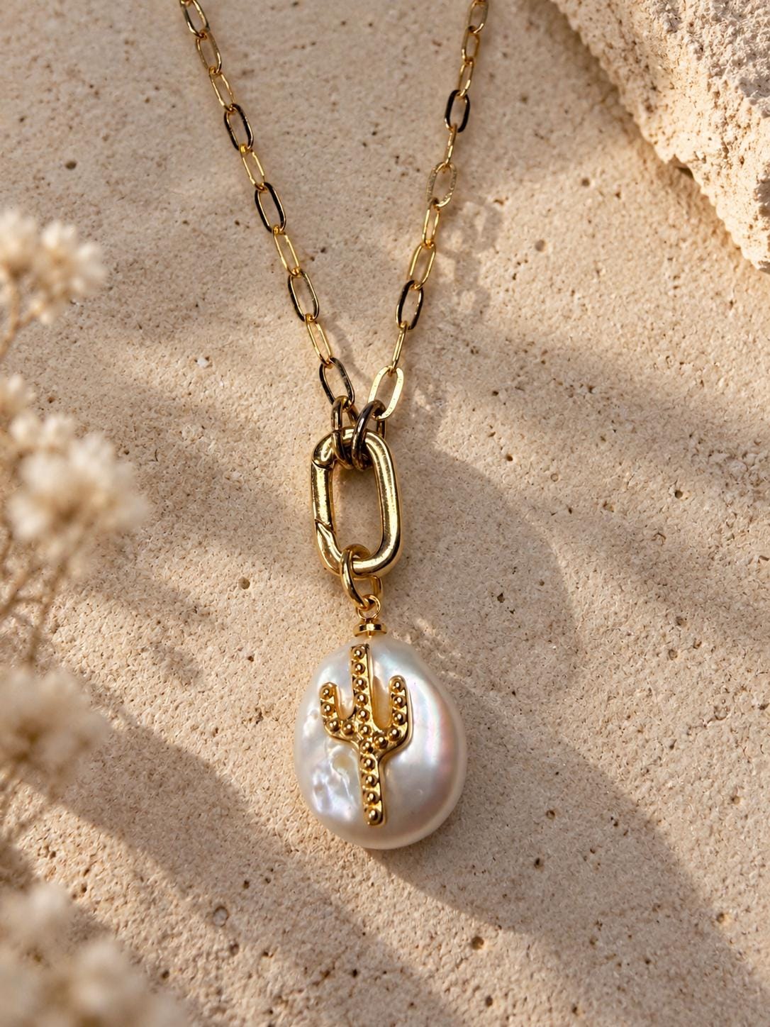 Freshwater Pearl Cactus Charm | 18K Gold Filled | Baroque Pearl Pendant | California Coastal Jewelry