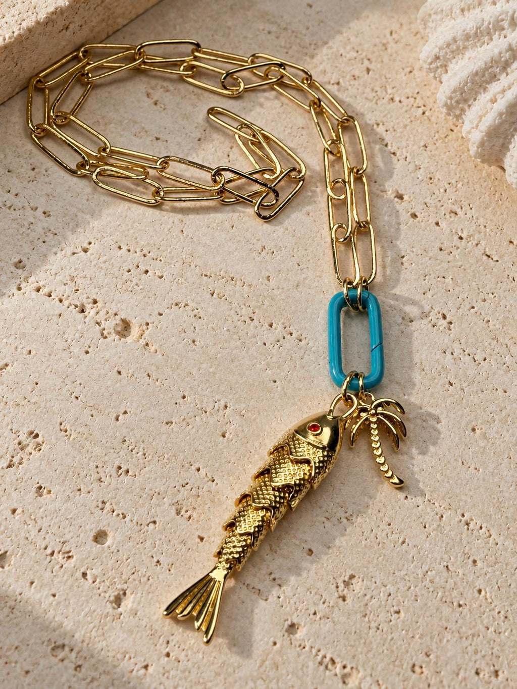 18K Gold Plated fish charm, 2 Inch Statement Pendant, Coastal Jewelry, Ocean Charm