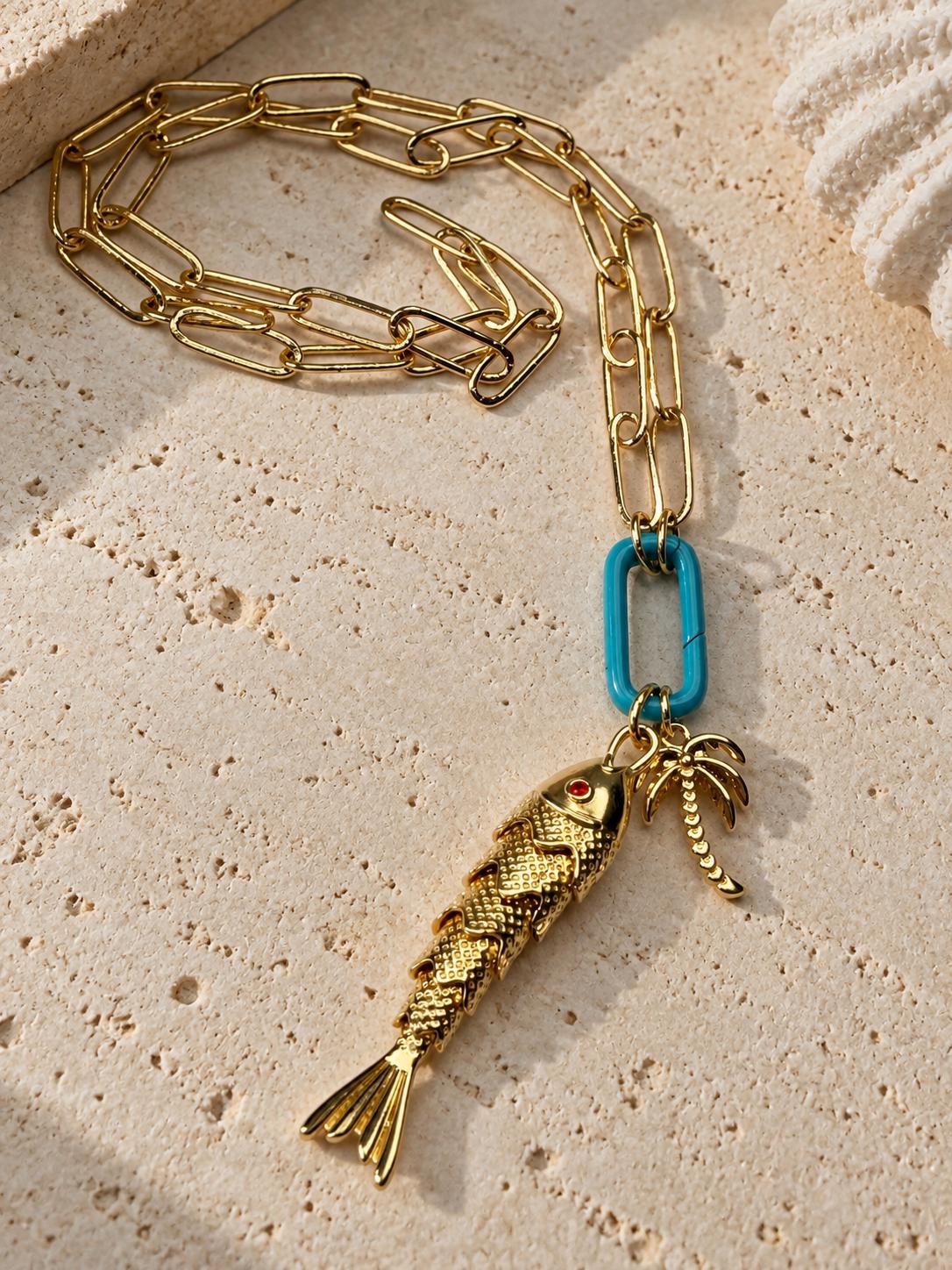 18K Gold Plated fish charm, 2 Inch Statement Pendant, Coastal Jewelry, Ocean Charm