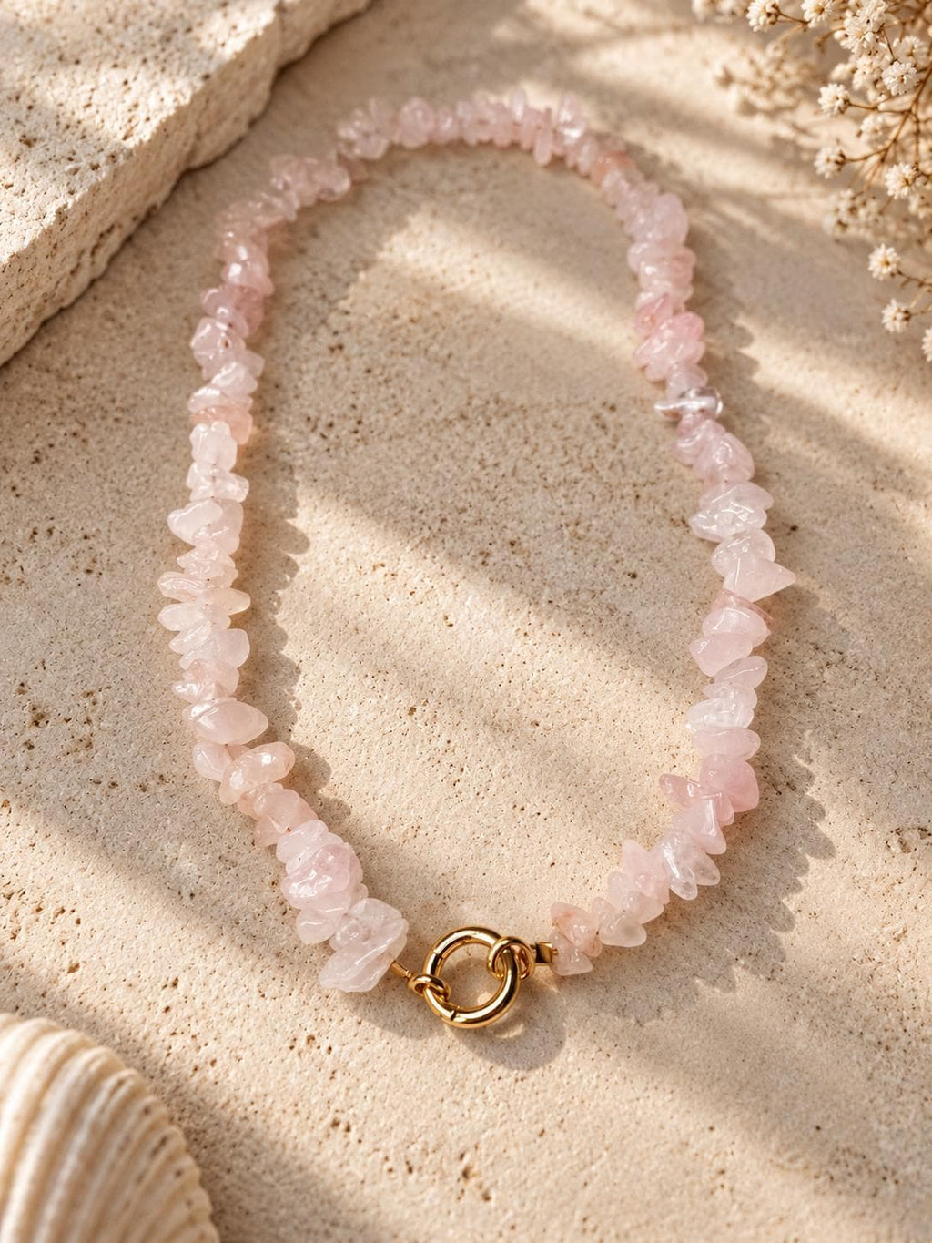 Natural Rose Quartz Necklace, Real Gemstone Beaded Necklace, 18K Gold Filled Clasp, Pink Stone Jewelry