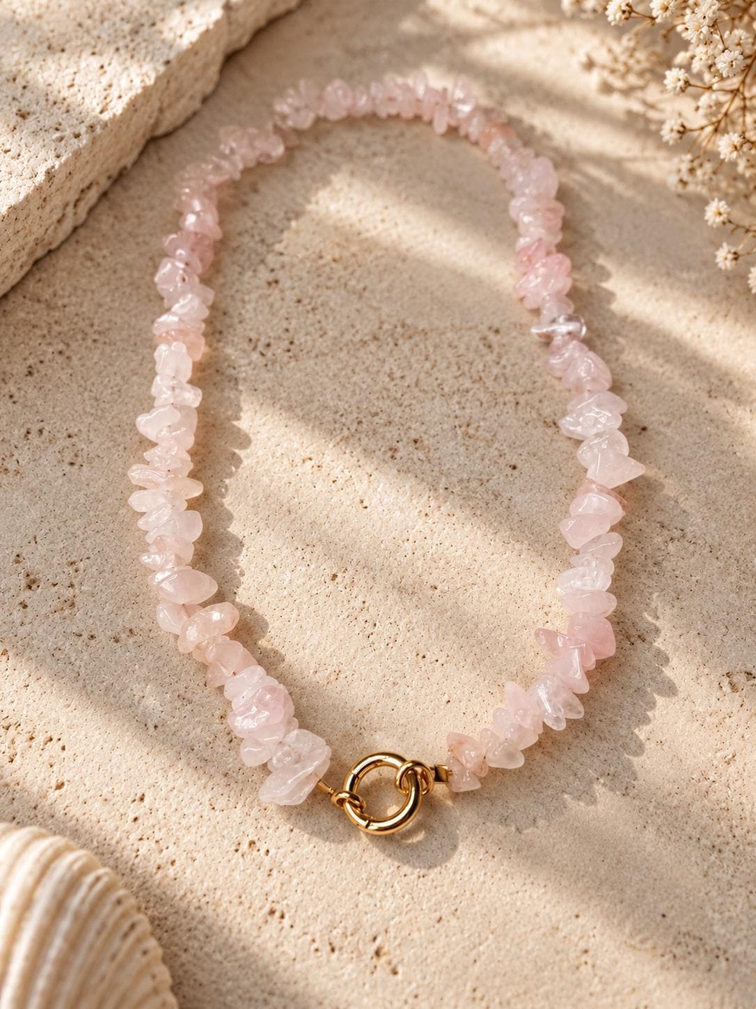 Natural Rose Quartz Necklace, Real Gemstone Beaded Necklace, 18K Gold Filled Clasp, Pink Stone Jewelry