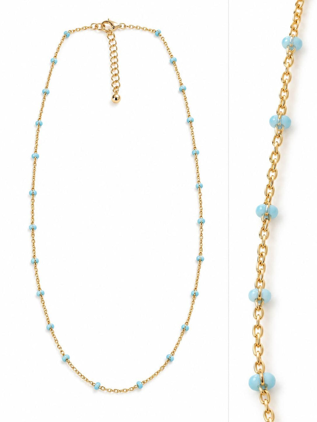 14K Gold Plated Chain with Blue Enamel Beads, 16 Inch Gold Necklace, Coastal Jewelry