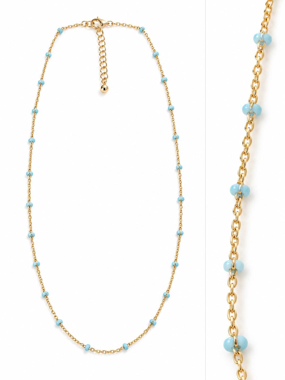 14K Gold Plated Chain with Blue Enamel Beads, 16 Inch Gold Necklace, Coastal Jewelry