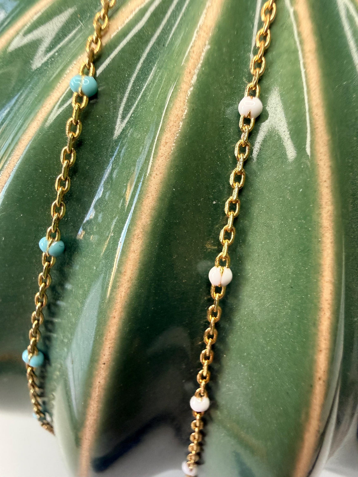 14K Gold Plated Chain with Blue Enamel Beads, 16 Inch Gold Necklace, Coastal Jewelry