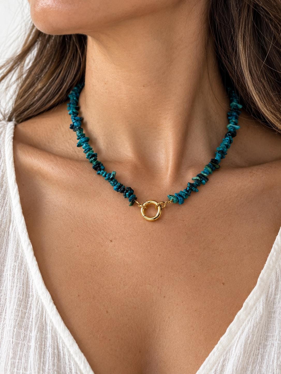 EMERALD BAY - Natural Turquoise Necklace, Genuine Turquoise Chip Necklace, 18K Gold Filled Clasp, Blue Gemstone Jewelry