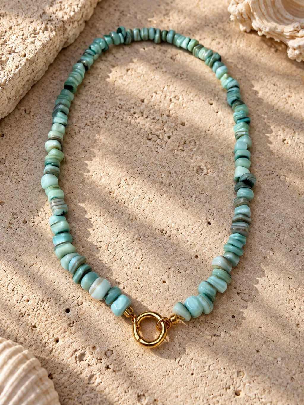 Aqua Dyed Shell Necklace, Gold filled Charm Necklace