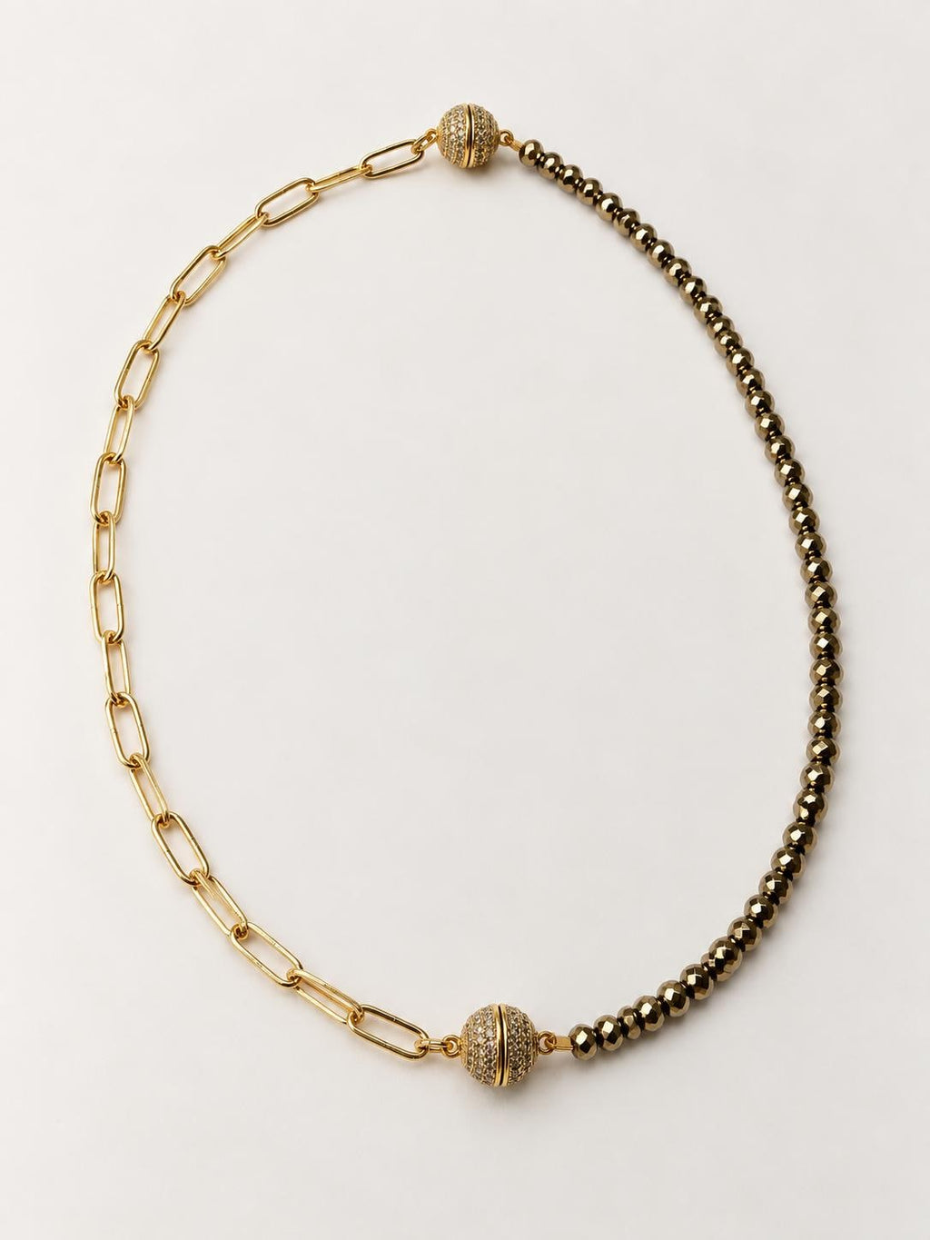 18K Gold Filled and Hematite beads Necklace, Magnetic CZ Clasp, Paperclip Chain, Two-Tone Statement Necklace