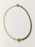 18K Gold Filled and Hematite beads Necklace, Magnetic CZ Clasp, Paperclip Chain, Two-Tone Statement Necklace