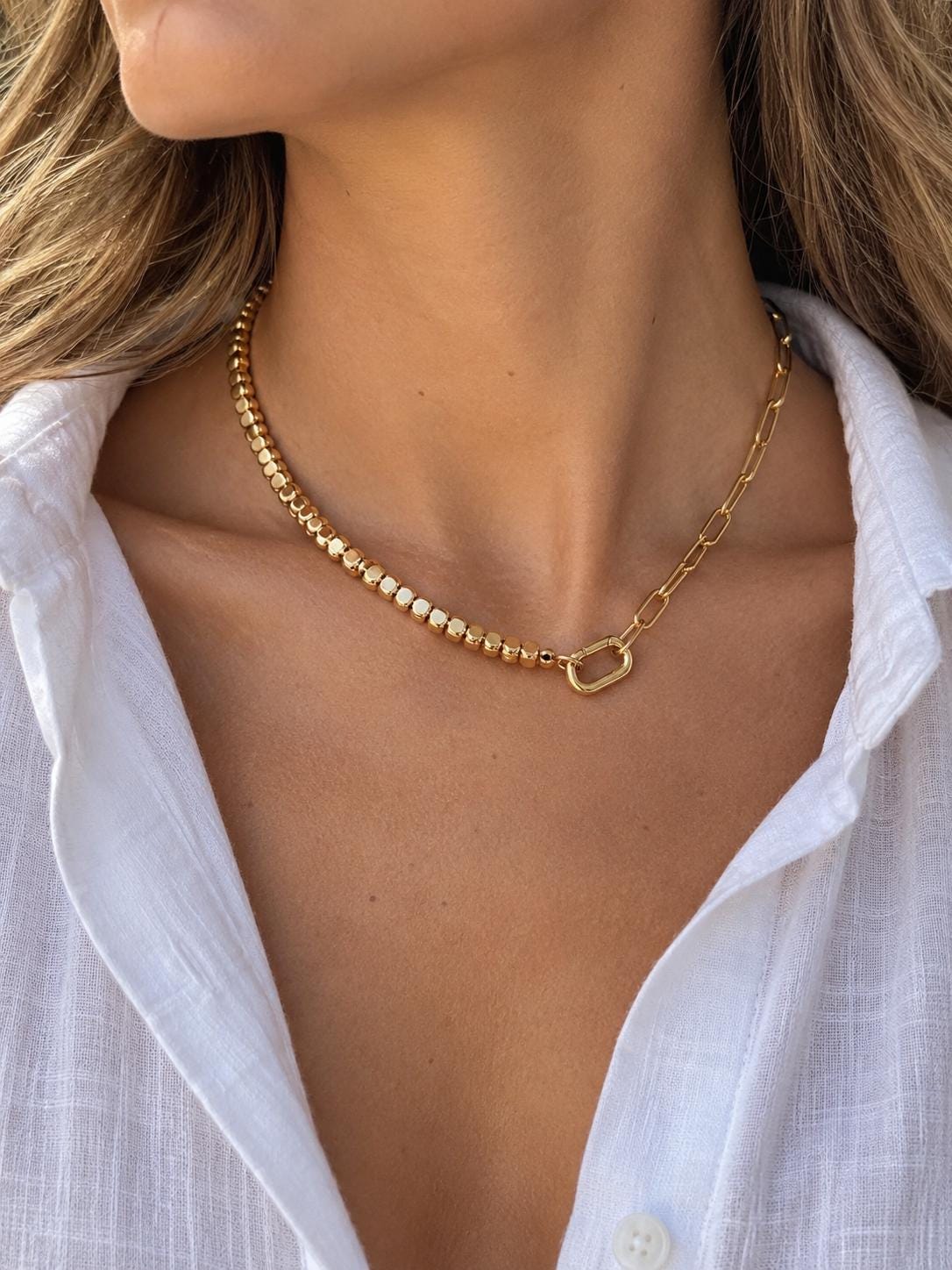 Gold Hematite and 18k gold filled paperclip chain necklace, charms necklace