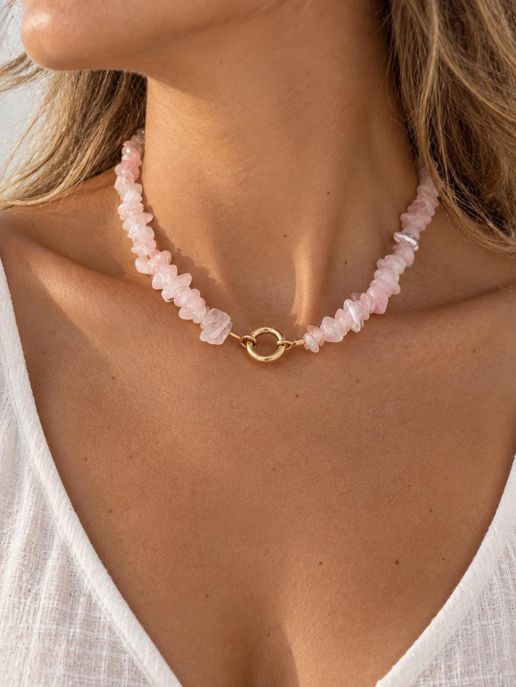 Natural Rose Quartz Necklace, Real Gemstone Beaded Necklace, 18K Gold Filled Clasp, Pink Stone Jewelry