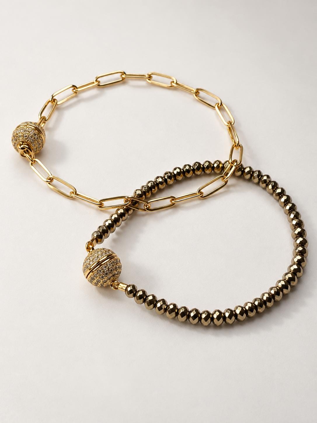 18K Gold Filled and Hematite beads Necklace, Magnetic CZ Clasp, Paperclip Chain, Two-Tone Statement Necklace