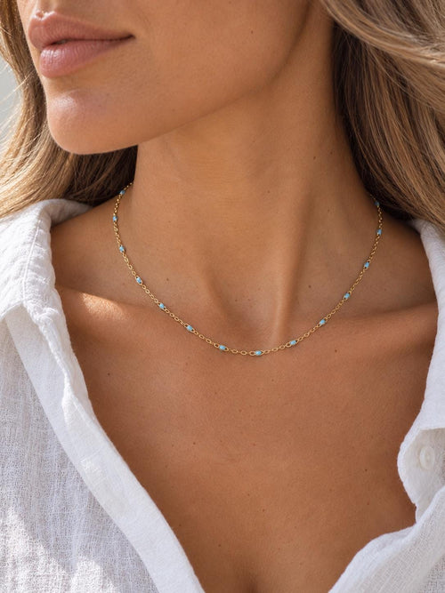 14K Gold Plated Chain with Blue Enamel Beads, 16 Inch Gold Necklace, Coastal Jewelry