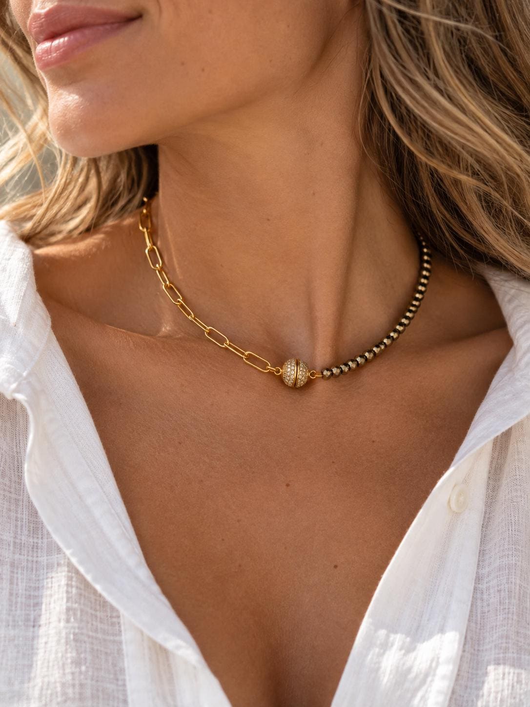 18K Gold Filled and Hematite beads Necklace, Magnetic CZ Clasp, Paperclip Chain, Two-Tone Statement Necklace