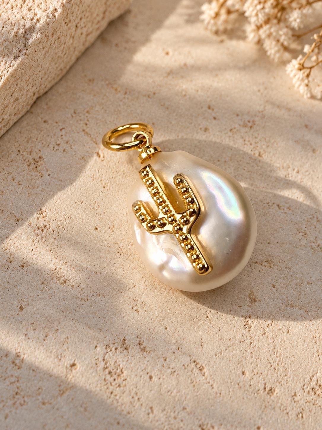 Freshwater Pearl Cactus Charm | 18K Gold Filled | Baroque Pearl Pendant | California Coastal Jewelry