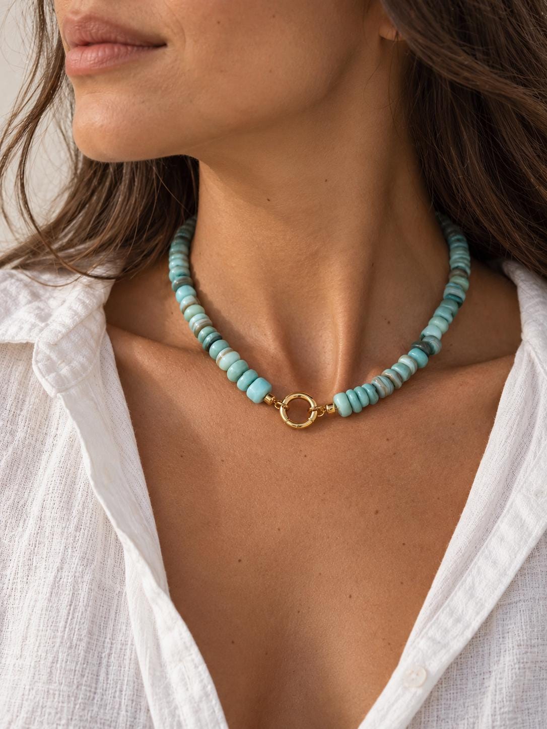 Aqua Dyed Shell Necklace, Gold filled Charm Necklace